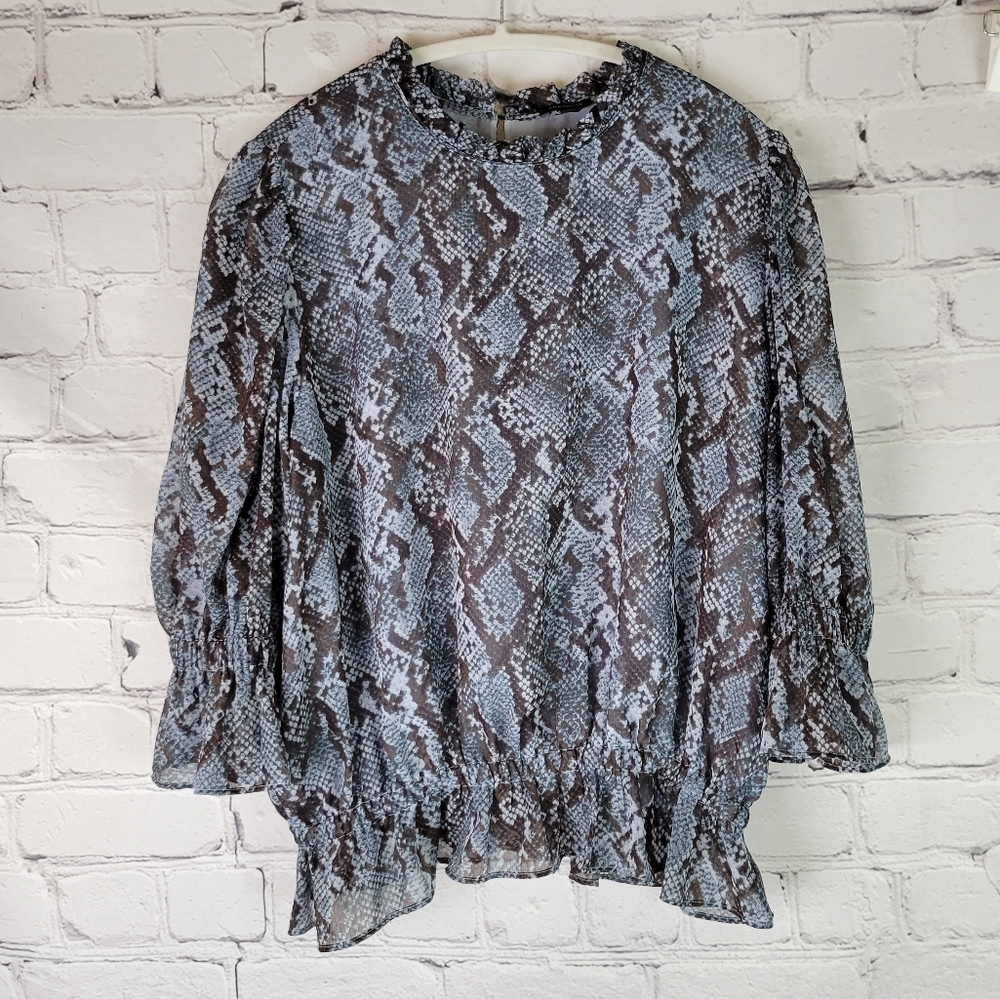ANN TAYLOR Snakeskin Print Ruffle Trim Blouse